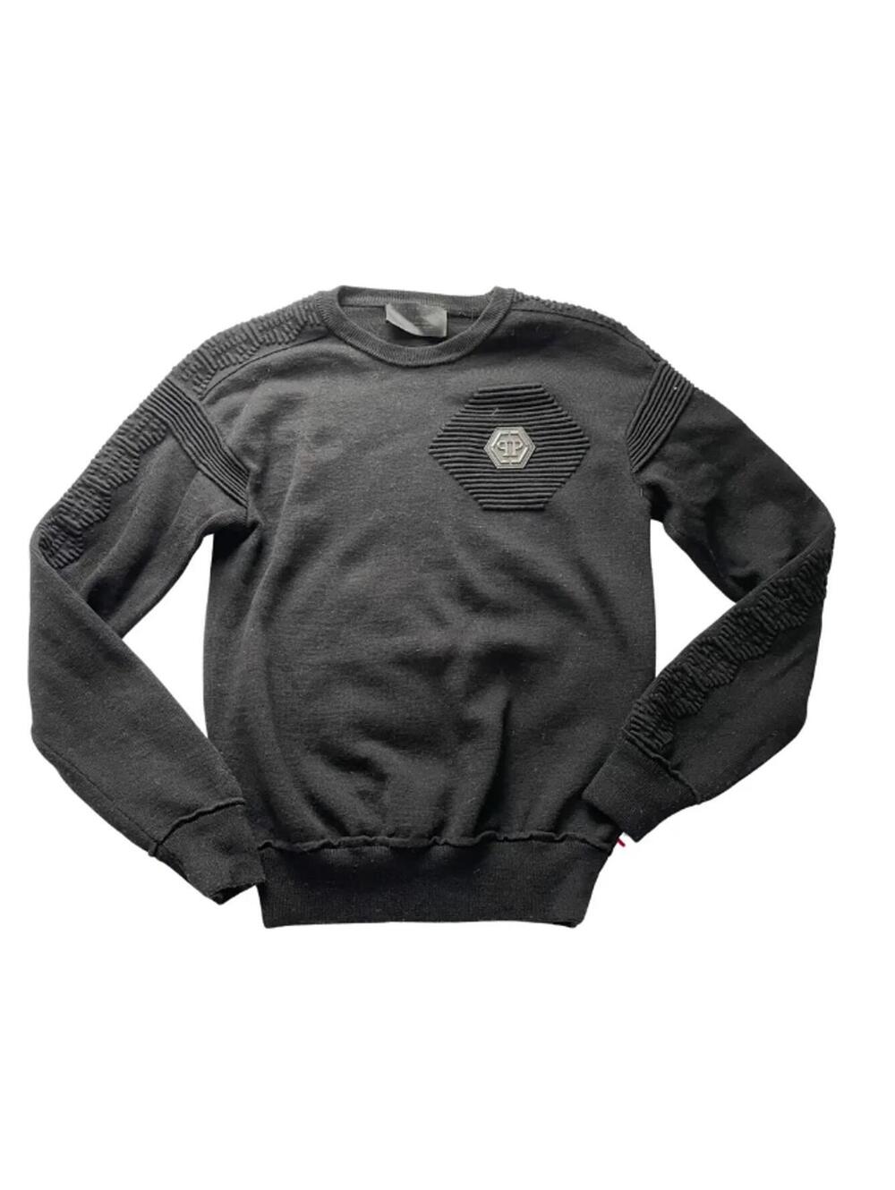 Philipp Plein Black Cotton Sweater Textured Detail Luxury Style Large